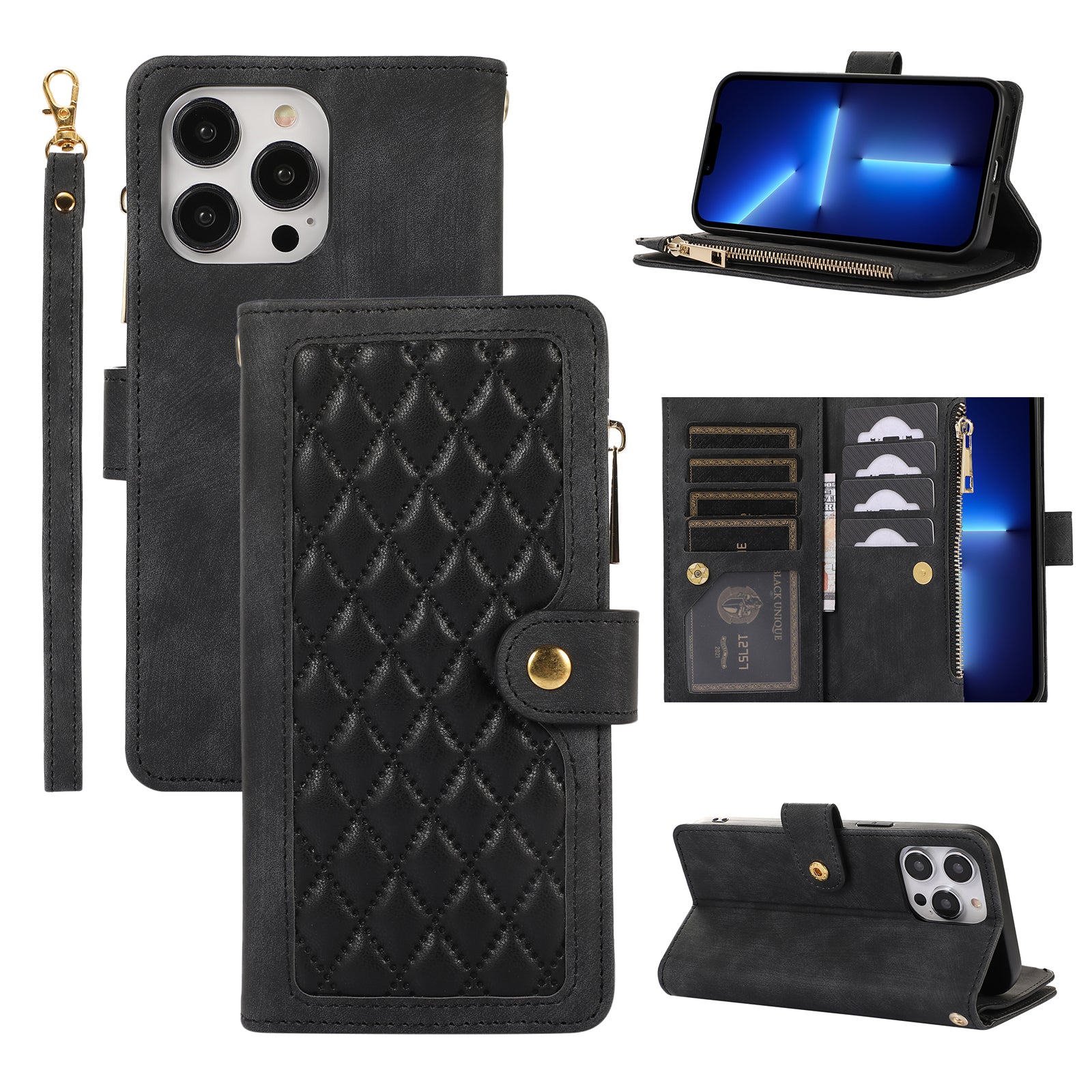 For iPhone 13 Pro Max 6.7 inch Rhombus PU Leather Case Multiple Card Slots Zipper Pocket Stand Phone Cover For iPhone 13 Pro Max 6.7 inch Rhombus PU Leather Case Multiple Card Slots Zipper Pocket Stand Phone Cover